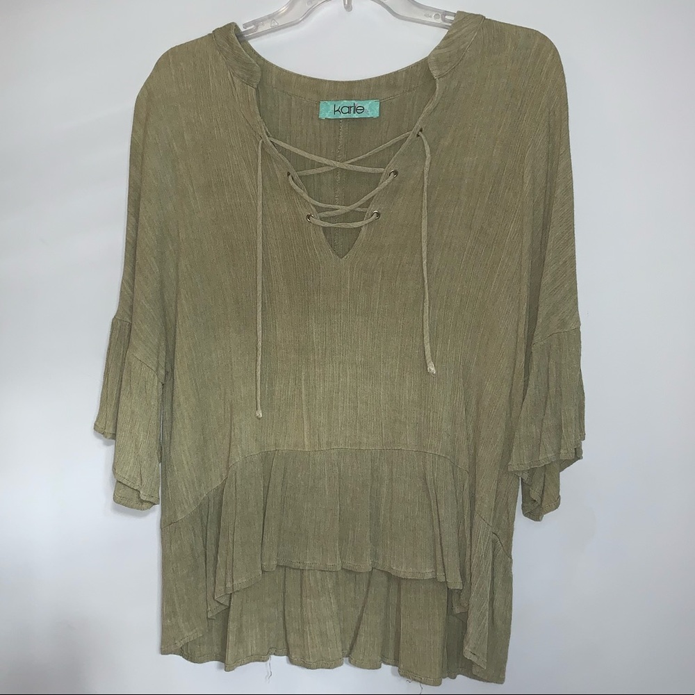 KARLIE Green Ruffle Lace-Up Top